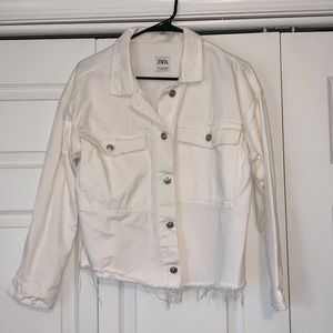 Zara Distressed White Denim Jacket